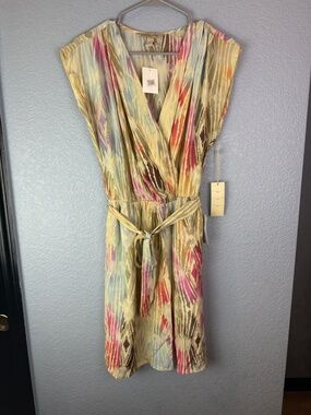 Presley Skye Dress Womens Medium Maize Green Silk Ikat Print Belted Lined NWT